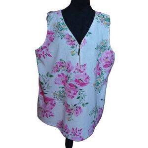 Chloe + Rene Women's Size XLarge Linen Blend White Floral Sleeveless Blouse